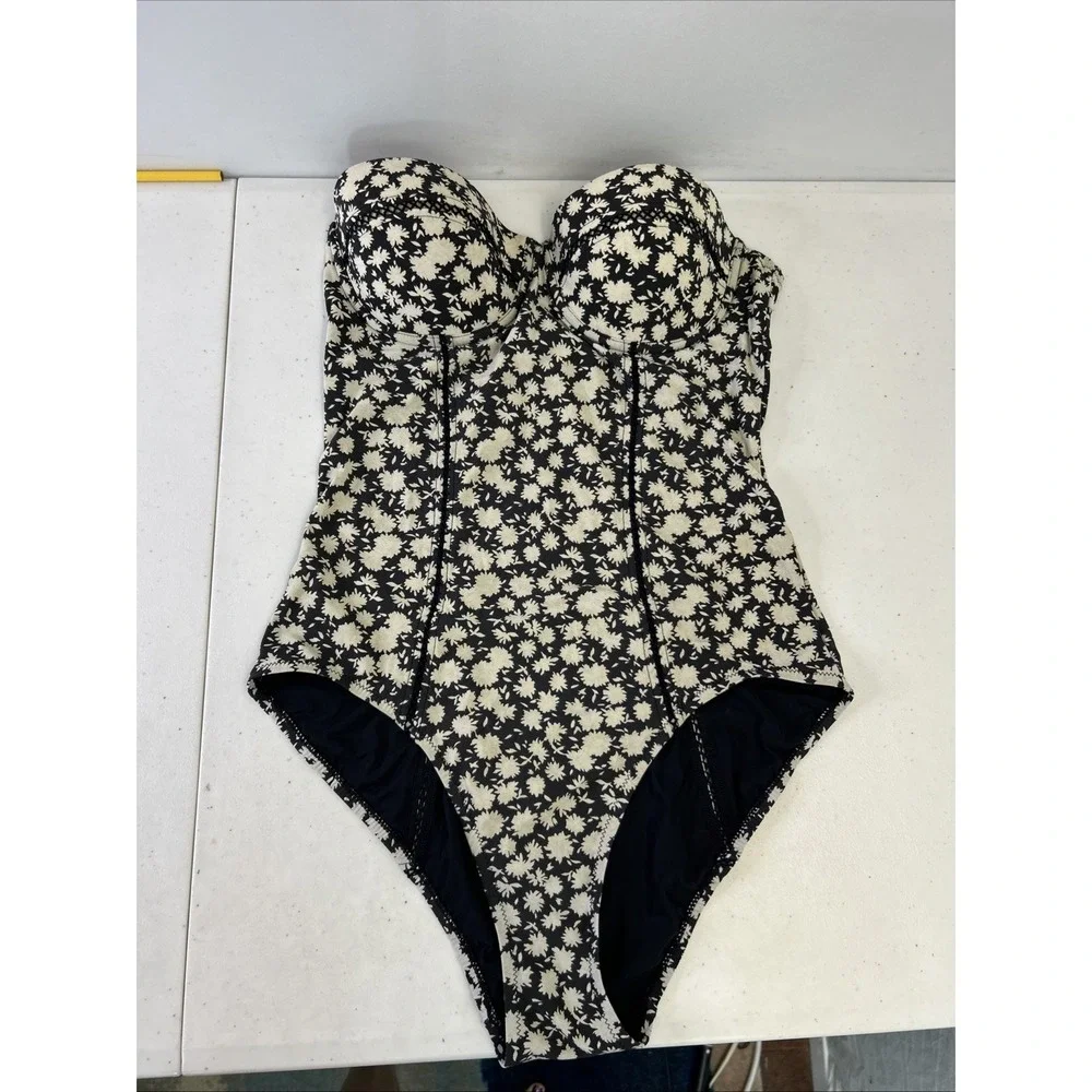 Tory Burch Floral One-Piece Black Cream Floral Swimsuit Sz M **No Straps**